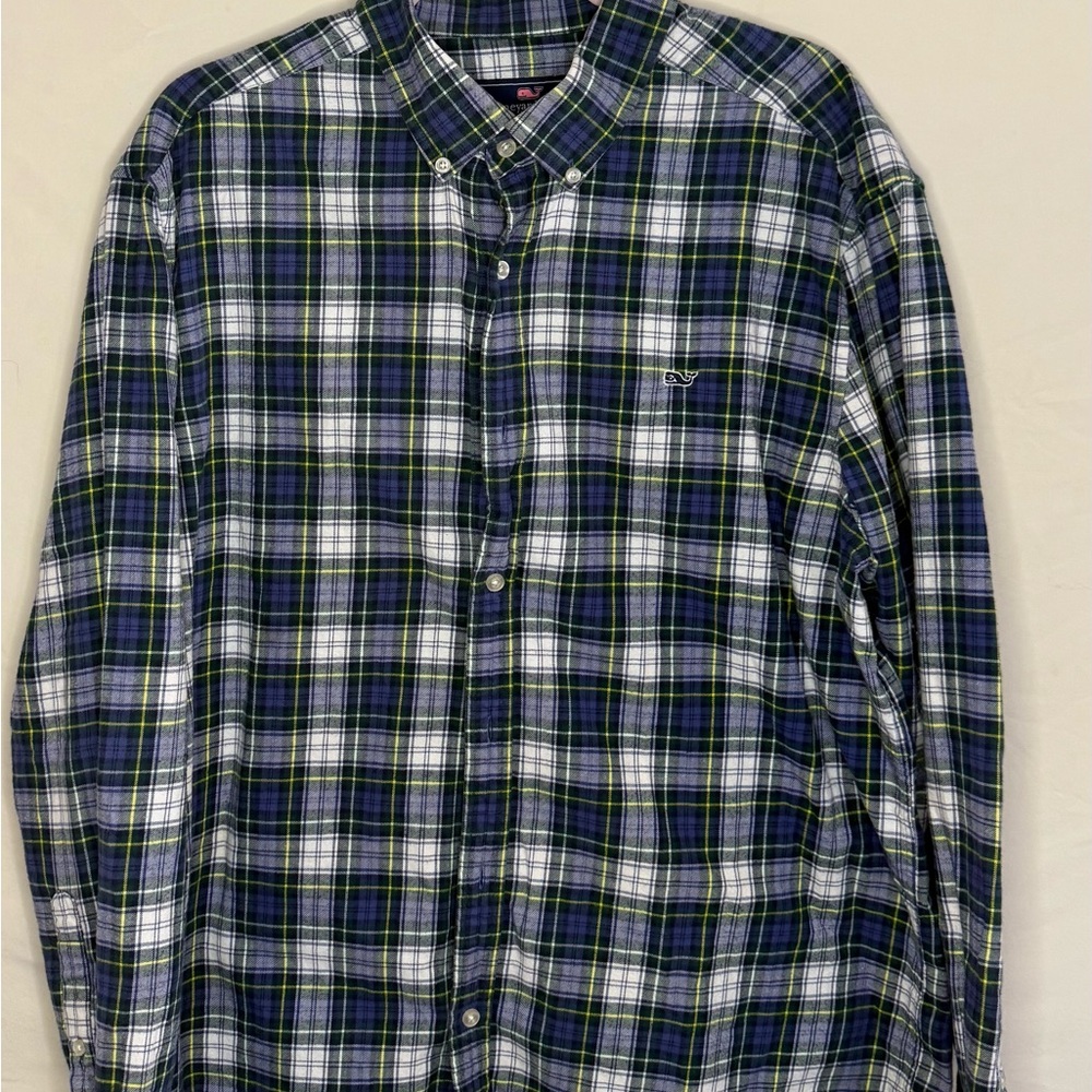 Vineyard Vines Navy and Yellow Plaid Button Down Flannel